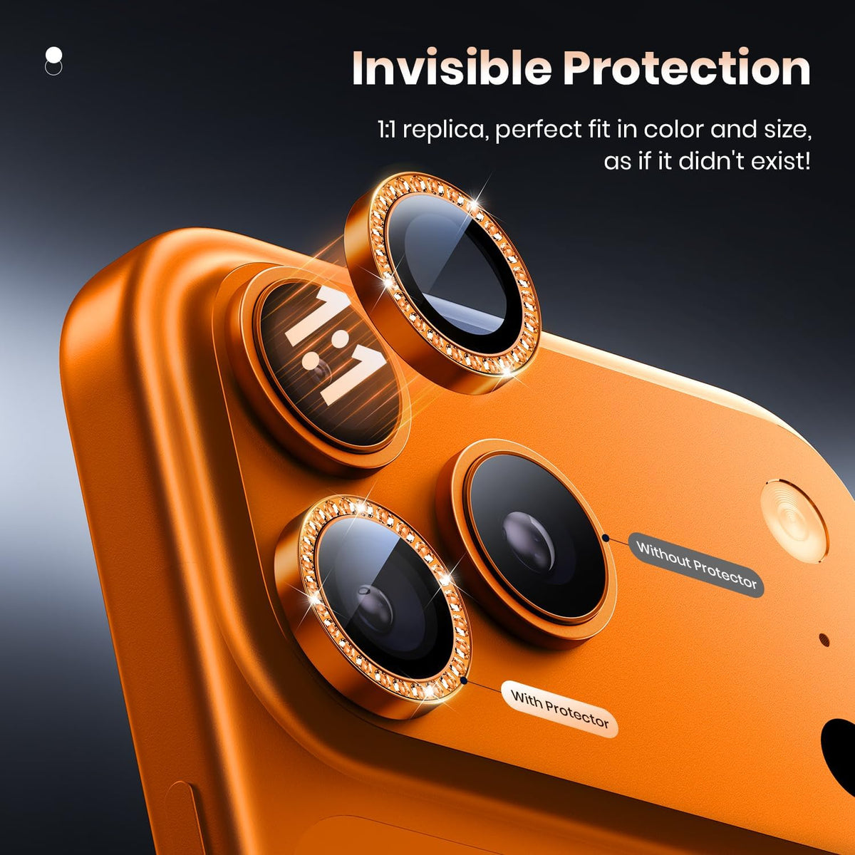 Hoerrye orange glitter camera lens protector for iPhone 17 Pro Max and 17 Pro, with 9H tempered glass, diamond ring, and metal cover.