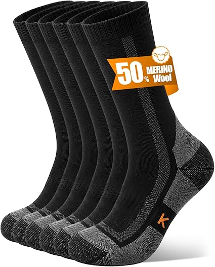 KACIIXAA Merino Wool Thermal Hiking Socks 3-pack in black and grey, thick cushioned outdoor socks for men and women, UK 12-15 XL