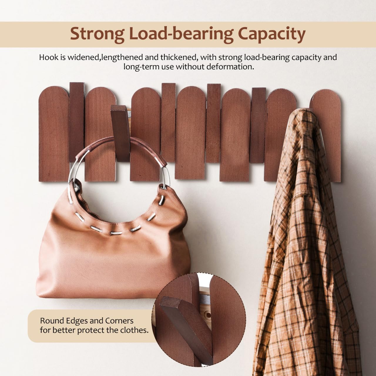 Soimiss Piano Key Coat Rack Wall Mounted - 6 Folding Wood Hooks, Walnut SOLID Wood Space-saving Coat Hanger