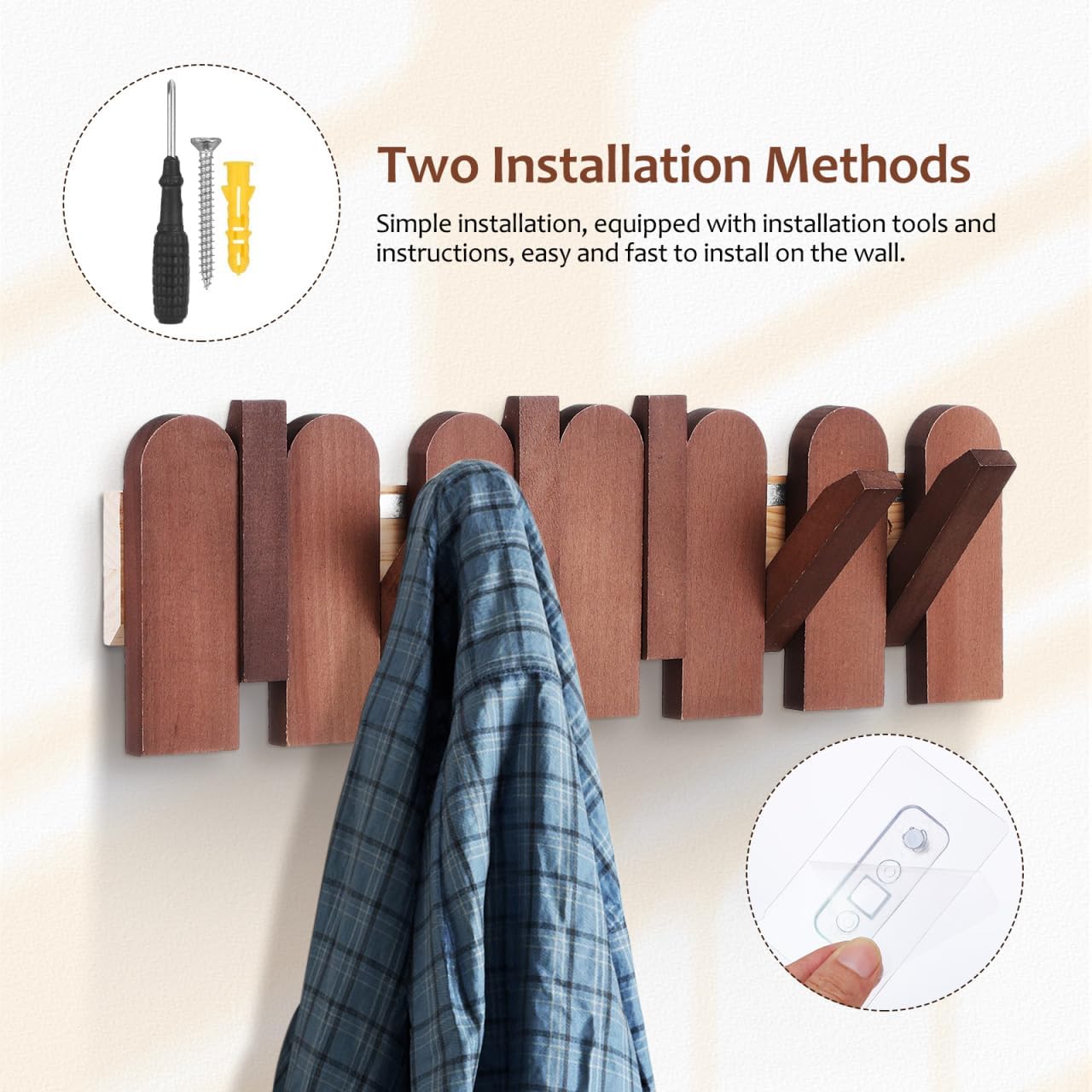 Soimiss Piano Key Coat Rack Wall Mounted - 6 Folding Wood Hooks, Walnut SOLID Wood Space-saving Coat Hanger