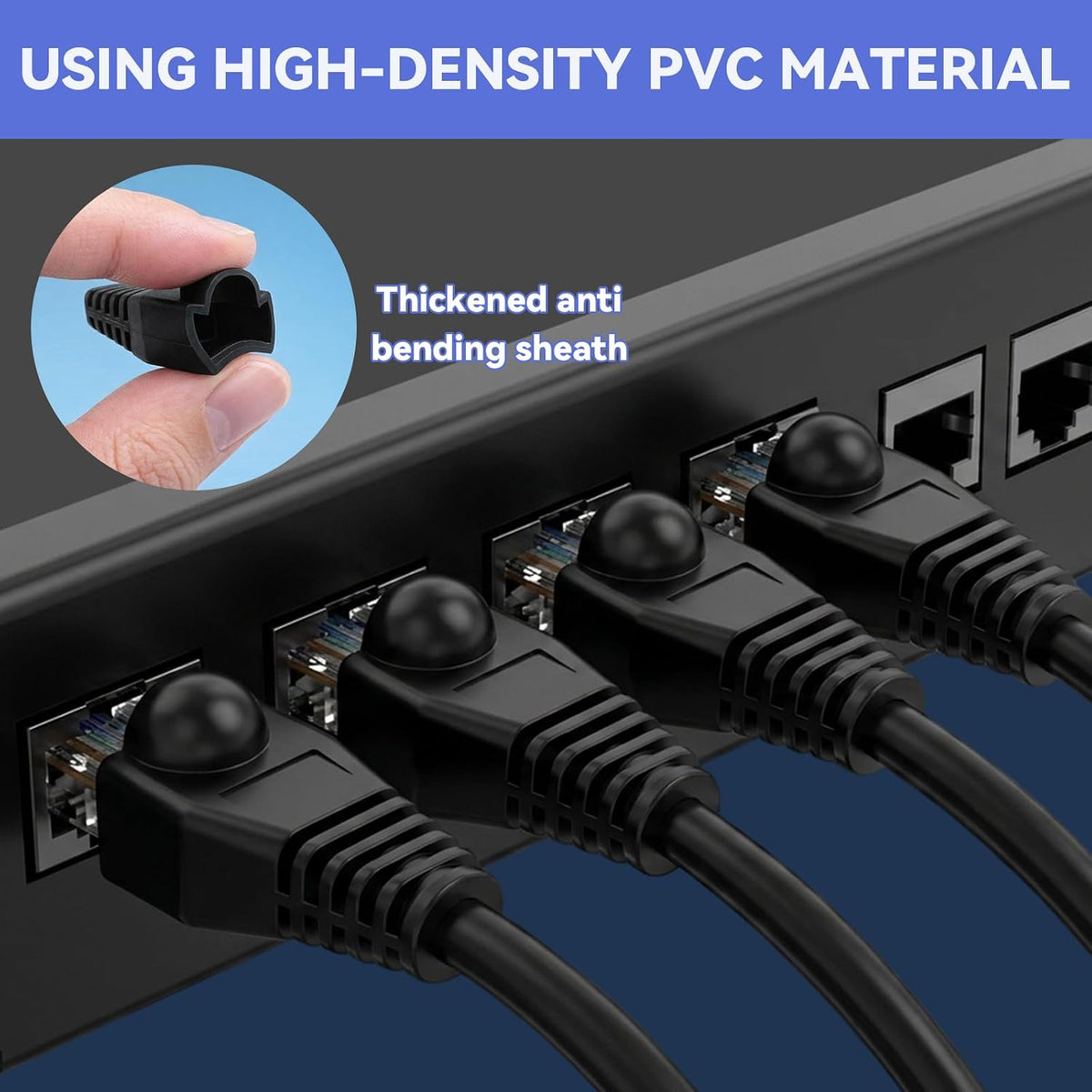 Volink 100Pcs RJ45 Connector Boots Cover - Black Ethernet Cable Strain Relief Protectors for Cat5 / Cat5e / Cat6 / Cat6a - Anti-Snag Soft PVC Caps