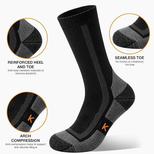 KACIIXAA Merino Wool Thermal Hiking Socks 3-pack in black and grey, thick cushioned outdoor socks for men and women, UK 12-15 XL