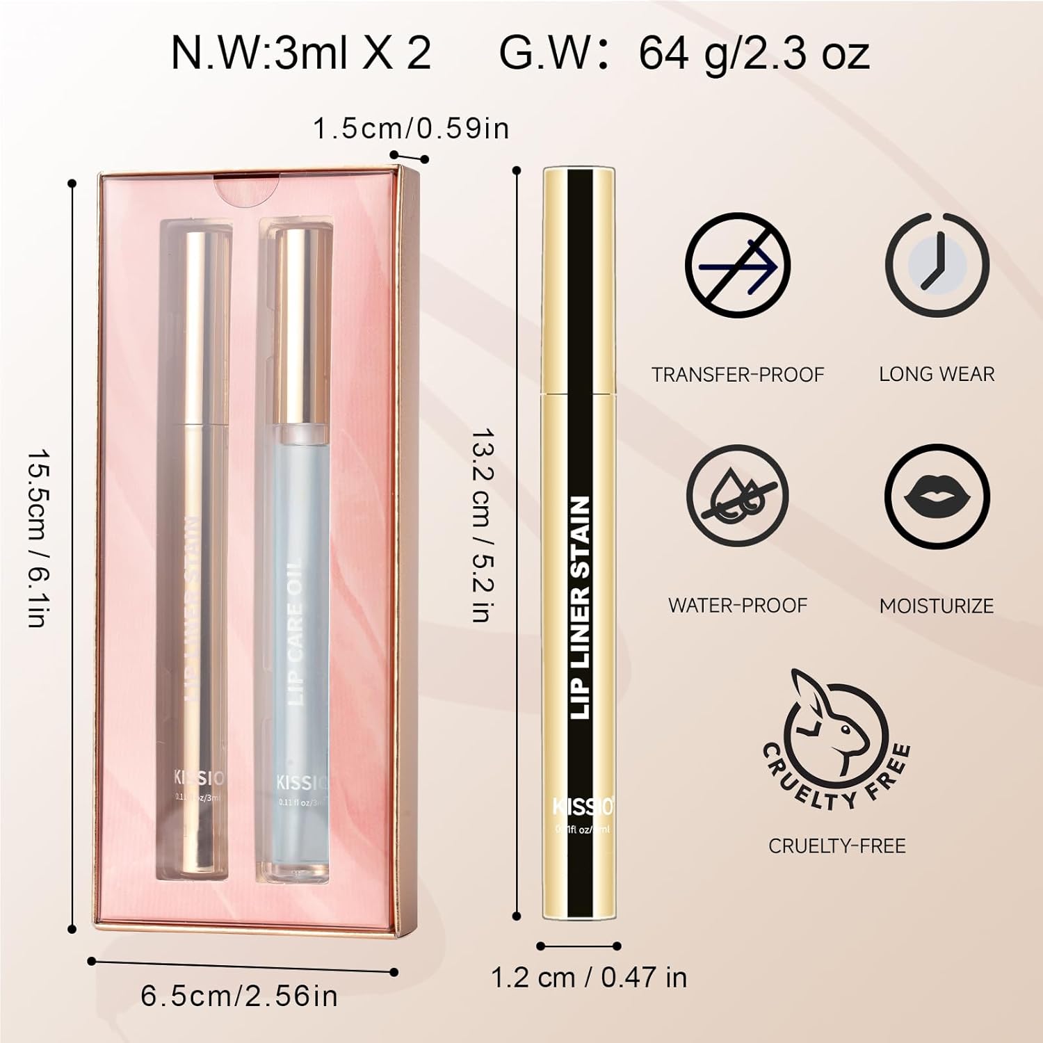 Kissio Lip Liner Stain and Lip Care Oil set with peel-off transfer-proof 24HR matte lip stain in gray pink color.