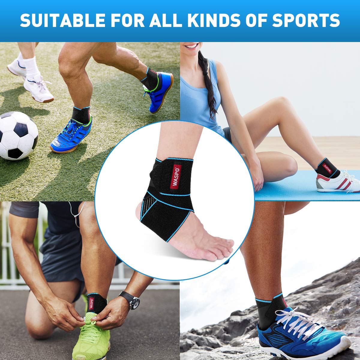 WASPO Adjustable Ankle Support Brace Wrap - 360° Compression Stabilizer for Sports, Plantar Fasciitis, Achilles Tendonitis & Injury Recovery - Breathable Anti-Slip Strap, One Size Men Women
