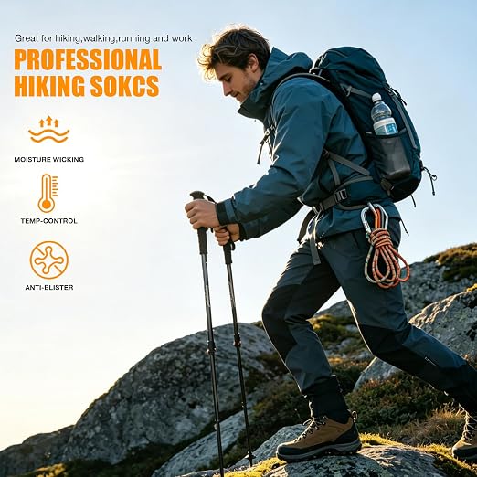 KACIIXAA Merino wool thermal hiking socks in black and grey, thick cushioned outdoor socks for men and women, UK 12-15 XL
