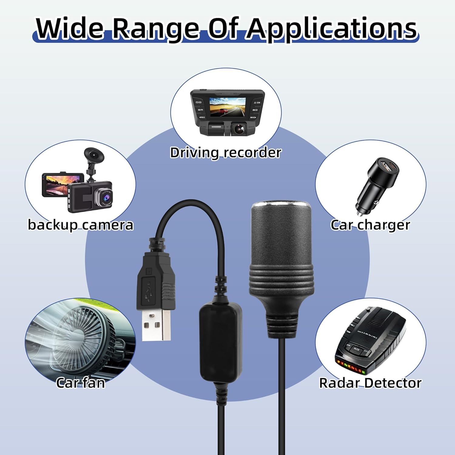 Riieyoca 5V to 12V USB A to cigarette lighter converter cable with digital display, 8W output, for dash cams and radar detectors