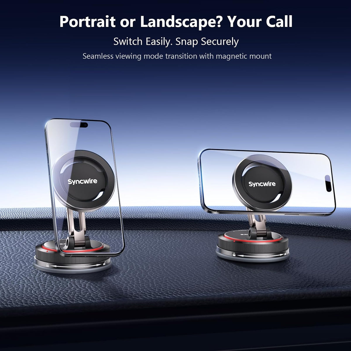 Syncwire MagSafe car mount in matte black, foldable 2-axis magnetic phone holder for dashboard and windscreen.