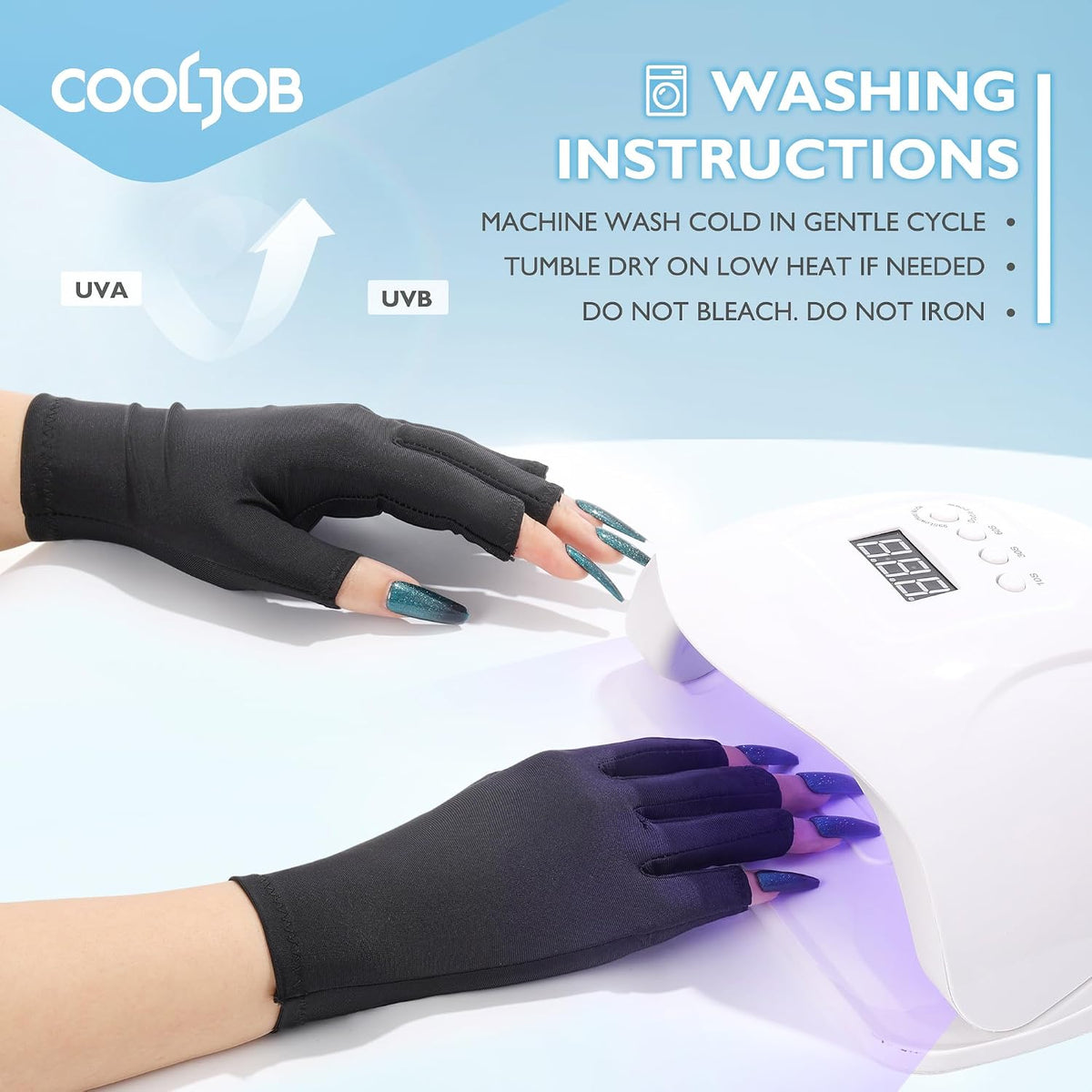 Black Cooljob UV protection gloves for gel nails, fingerless design with UPF50+ sun protection, ideal for manicures and nail lamp use