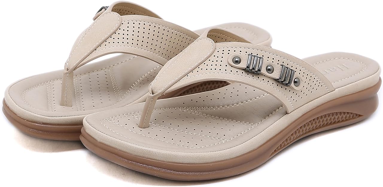 Hankers Women's Comfort Flip Flop Sandals - UK 7 / EU 40 - Beige Flat Thong Sandals with Arch Support