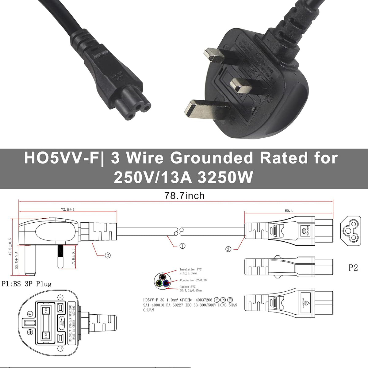 CYD 2-pack 3M UK Cloverleaf power leads with 3-pin mains plug and IEC C5 connector for laptops, monitors, and projectors.