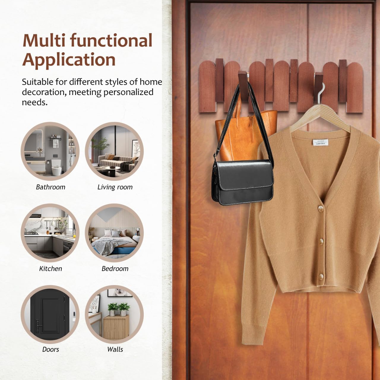 Soimiss Piano Key Coat Rack Wall Mounted - 6 Folding Wood Hooks, Walnut SOLID Wood Space-saving Coat Hanger