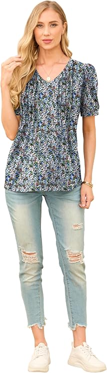 Grecerelle Womens Floral Top - V Neck Puff Short Sleeve Tunic Blouse - Black Anemone Print - Summer Casual Tee
