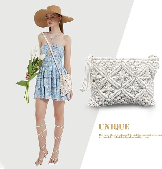 MIVAIUN White Handmade Macrame Crossbody Bag – Boho Woven Straw Beach Shoulder Bag with Zipper & Tassel, Small Summer Holiday Clutch Purse for Women