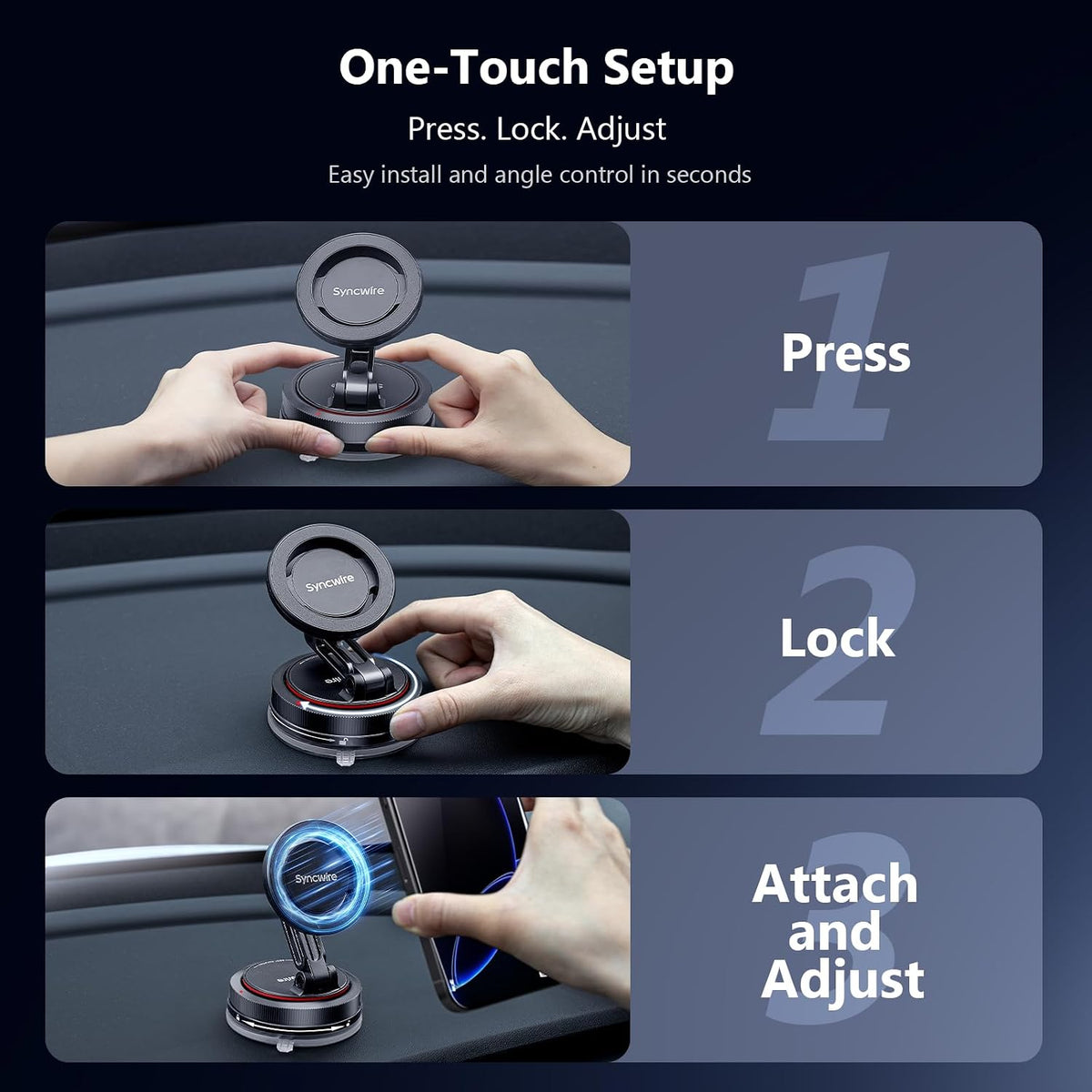 Syncwire MagSafe car mount in matte black with 2-axis foldable design, holding a smartphone on dashboard or windscreen.