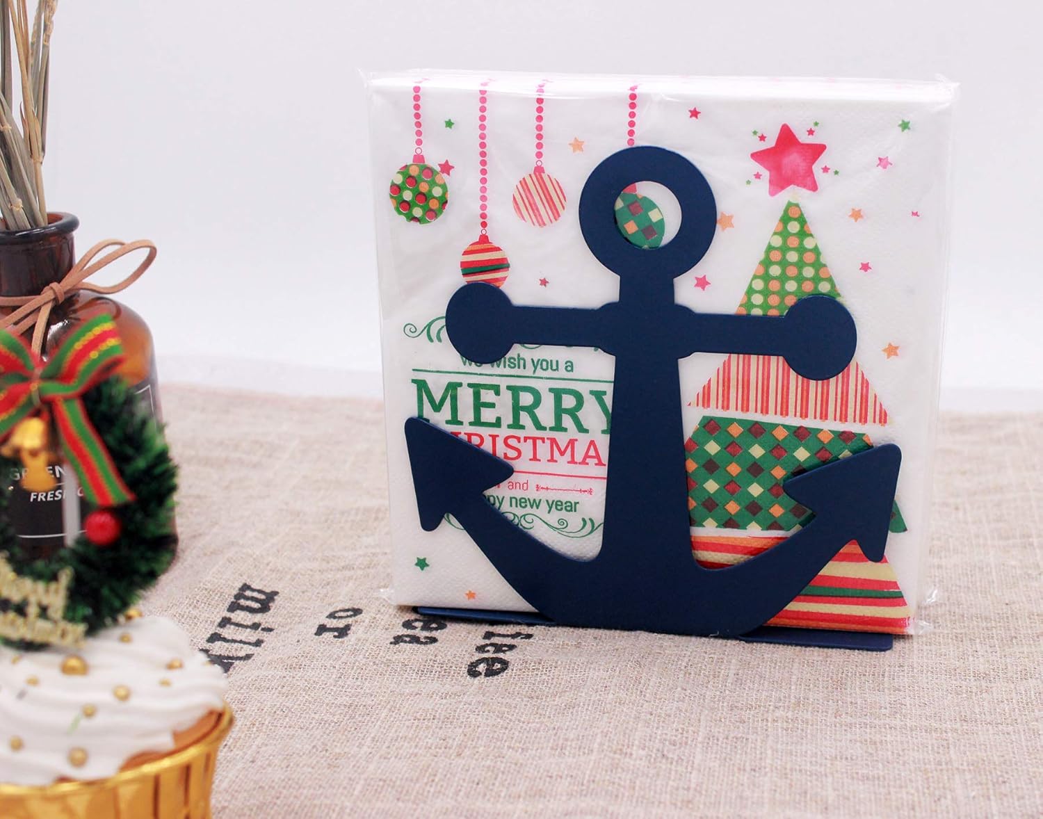 Funly mee vintage blue metal anchor napkin holder with rust-free iron, nautical table decor for home, kitchen, or events.