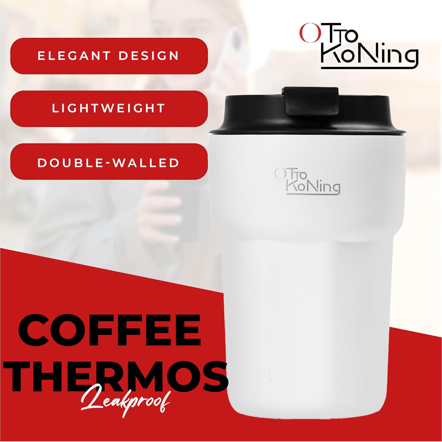 Otto Koning 12oz leakproof travel mug by Zeta Store, BPA-free thermos with 4-hour hot/cold insulation, fits cup holders.