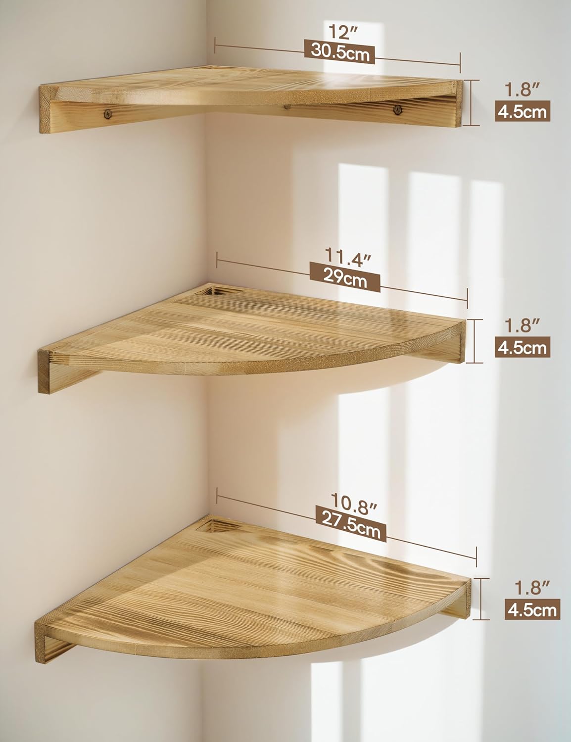 Petrala 3-Piece Solid Pine Wood Corner Shelves Set - Large Vintage Floating Shelves for Wall, Rustic Bookcase for Kitchen, Bedroom, Living Room, Bathroom