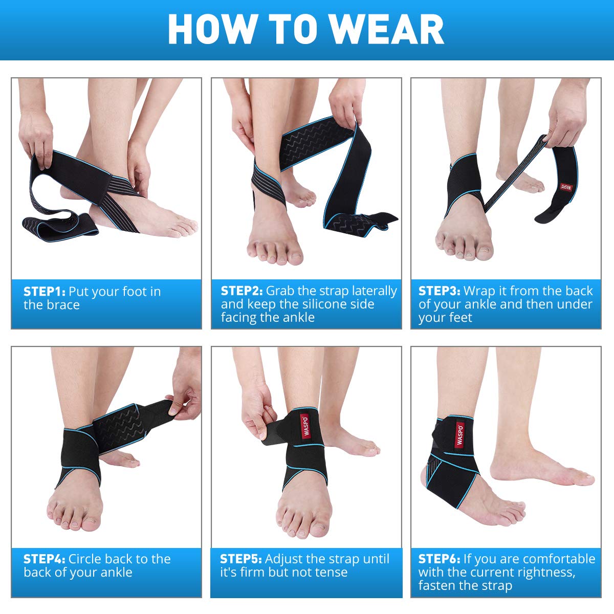 WASPO Adjustable Ankle Support Brace Wrap - 360° Compression Stabilizer for Sports, Plantar Fasciitis, Achilles Tendonitis & Injury Recovery - Breathable Anti-Slip Strap, One Size Men Women