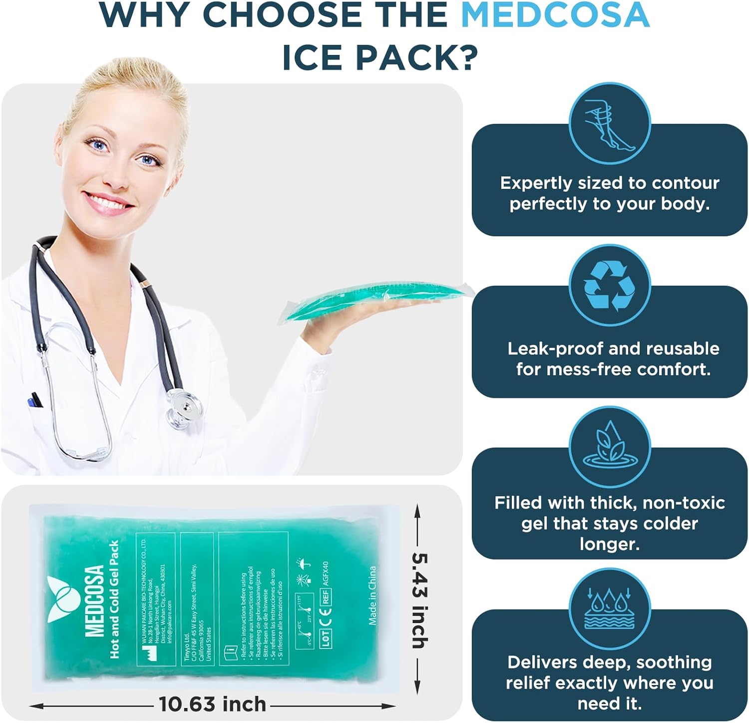 Medcosa Large Hot & Cold Gel Ice Pack 2 Pack 27x13cm | Flexible Reusable Sport Injury Pack