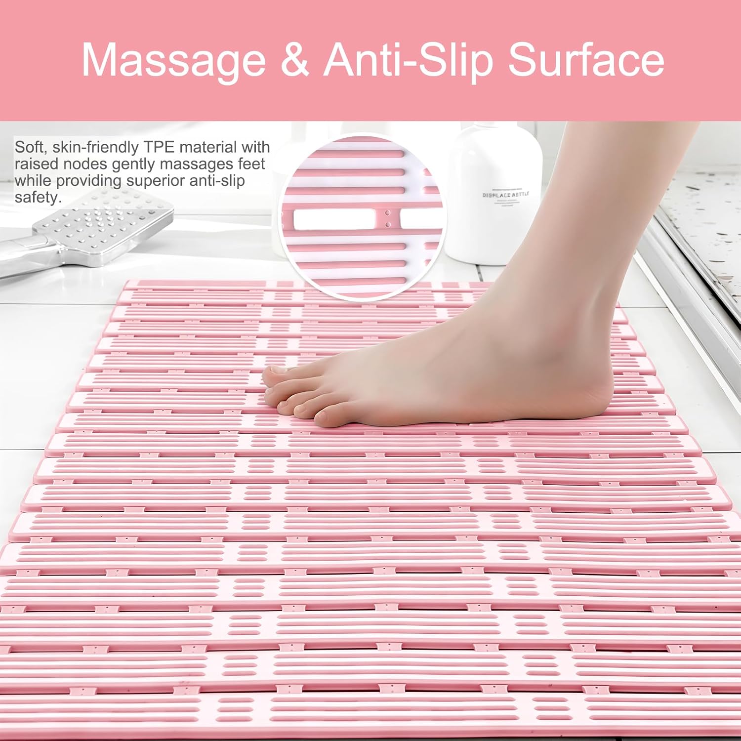Pink Yokupotac extra long non-slip shower mat with suction cups, drainage holes, and anti-mould surface for elderly safety in bathroom