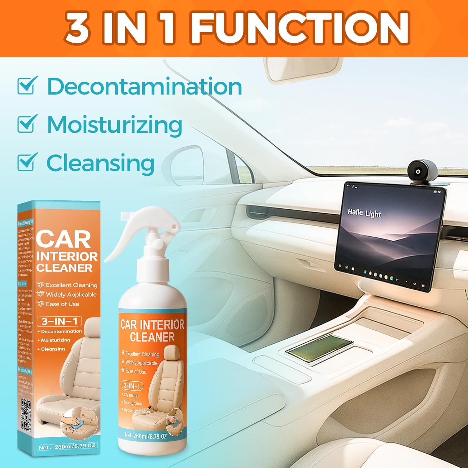 Halldeli 3-in-1 car interior cleaner spray 260ml, multi-surface cleaner for leather, plastic, and fabric with no-rinse formula