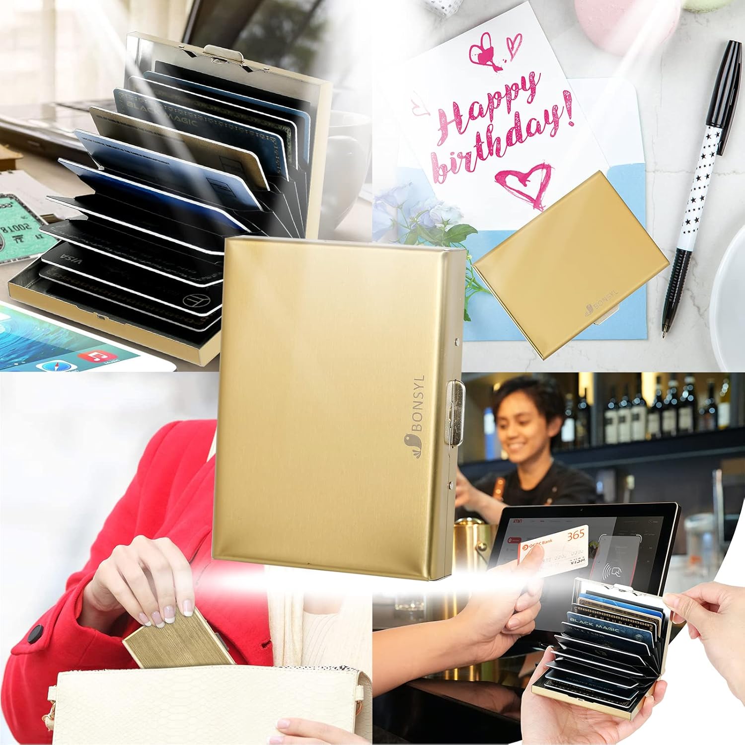 BONSYL RFID Blocking Gold Metal Card Holder Wallet - Slim Stainless Steel 10 Card Case for Men & Women - Luxury Gift Boxed