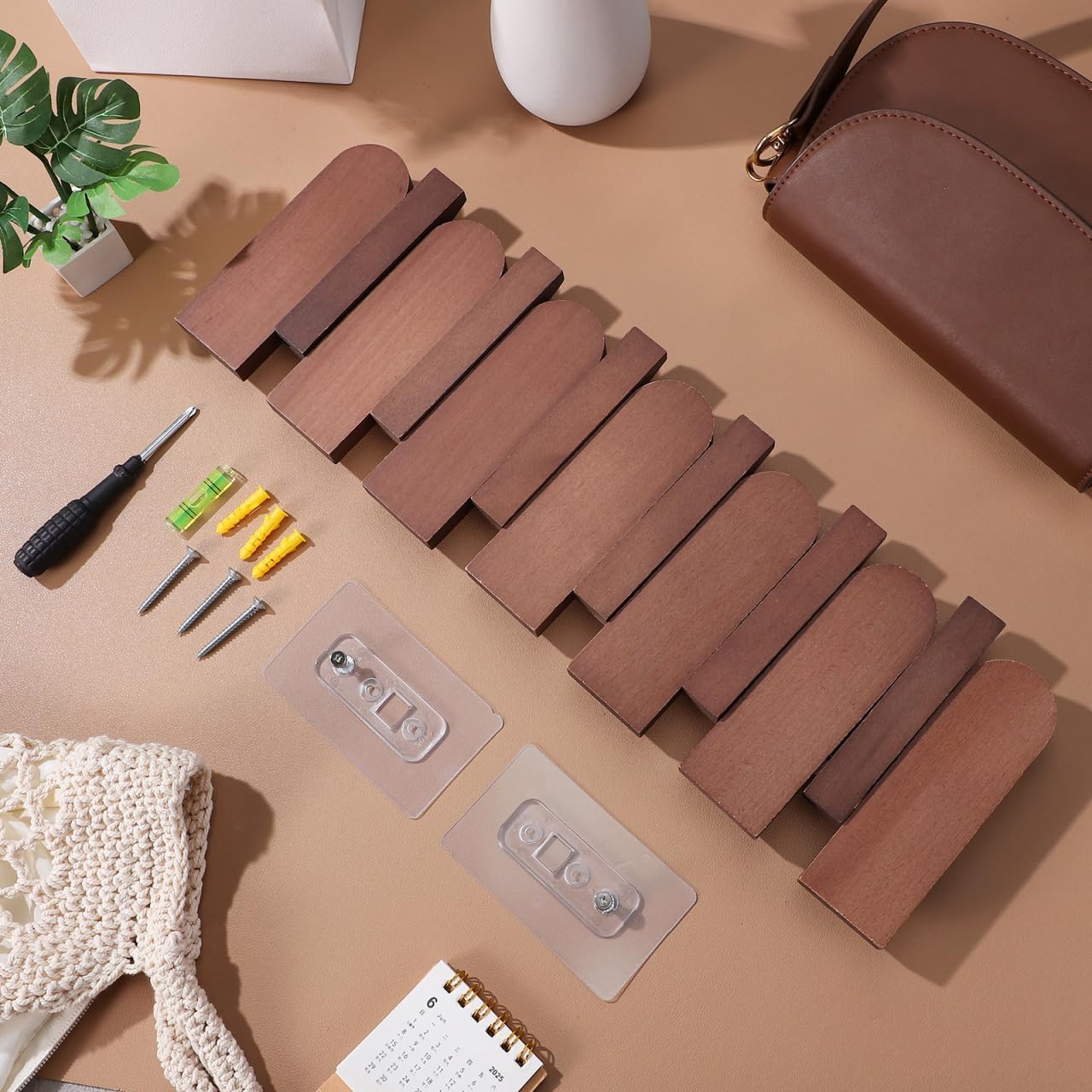 Soimiss Piano Key Coat Rack Wall Mounted - 6 Folding Wood Hooks, Walnut SOLID Wood Space-saving Coat Hanger