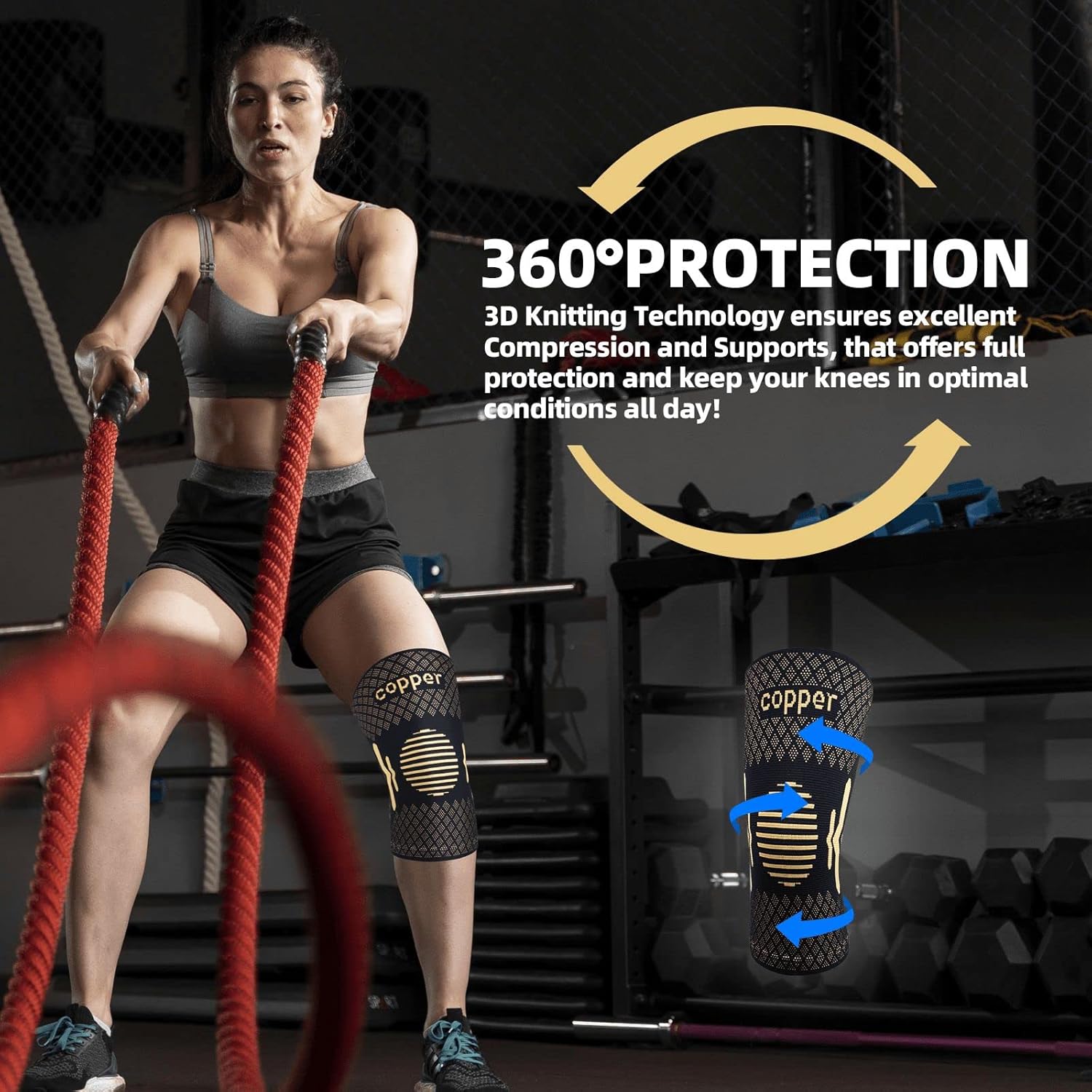 Lusenone copper knee support sleeve in black, showing a close-up of the compression knee brace for men and women, size S–3XL