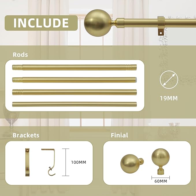 76-210cm Gold Adjustable Curtain Pole Set - Elegant Ball Finials, Heavy Duty Rod, Easy Fit Brackets - Real Bargain!