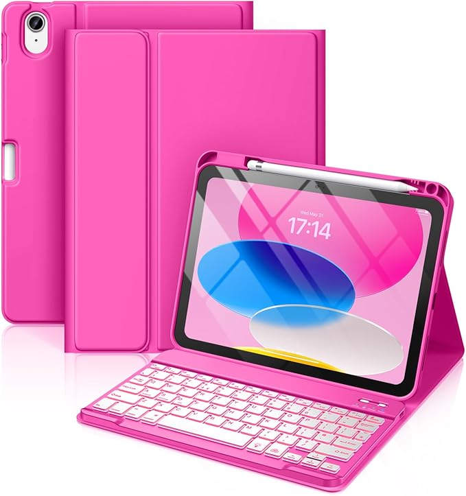 Vobafe iPad 11th/10th Gen keyboard case with 7-color backlit Bluetooth keyboard and detachable design.