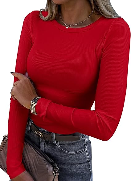 Smile Fish Women’s Ribbed Long Sleeve Crewneck T-Shirt - Slim Fit Stretch Basic Top in Red, Black, White, Green, Brown, Beige