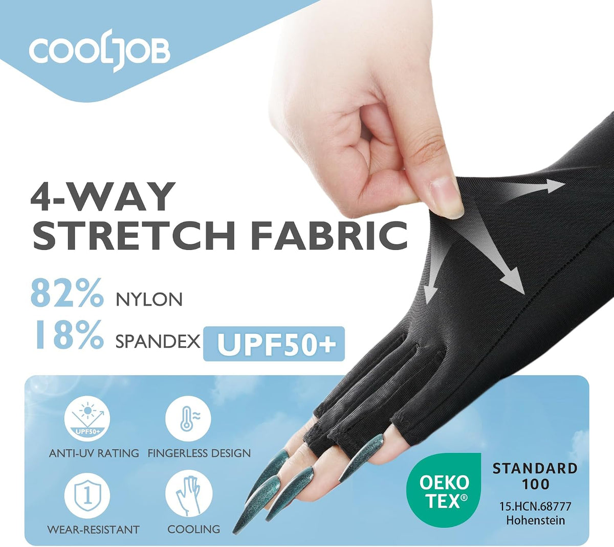 Black Cooljob UV protection gloves for gel nails, fingerless design with UPF50+ for manicure and nail lamp protection, pair shown.