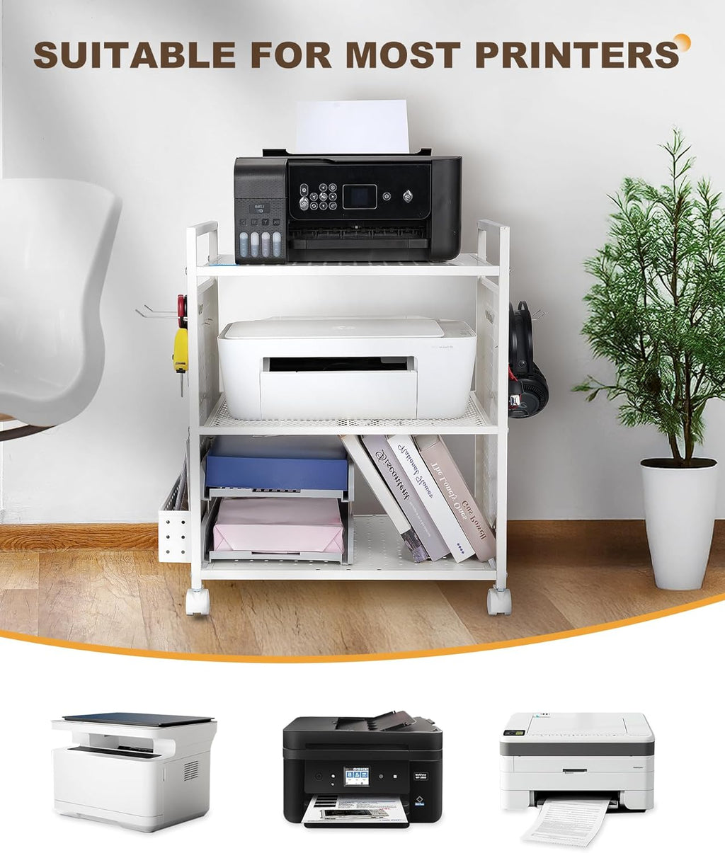 Mythinglogic 3-Tier Rolling Printer Stand | Adjustable Height Cart | Lockable Wheels 🖨️ | Metal Organizer for Office, Kitchen & Gaming | BLACK