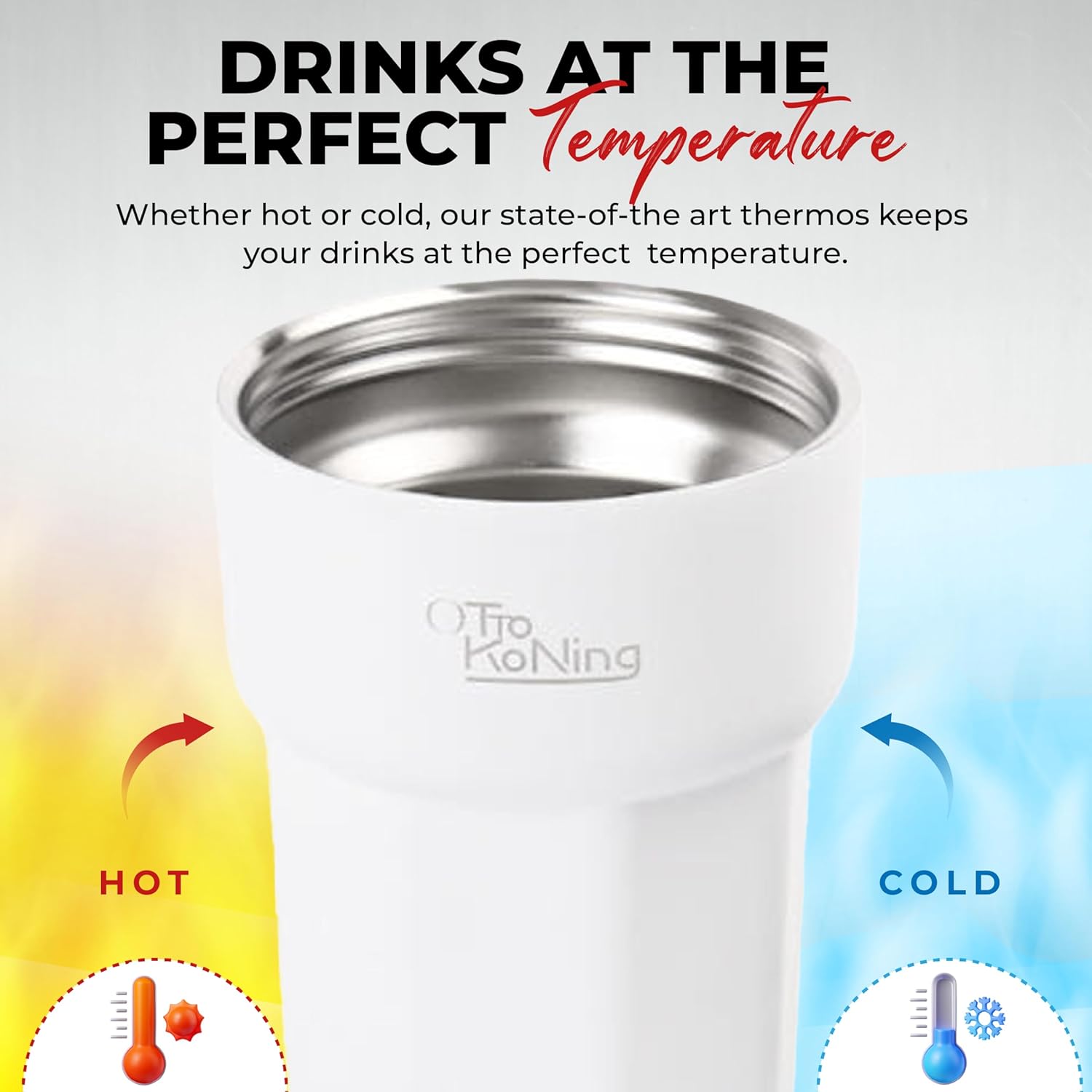 Zeta Store Otto Koning 12oz leakproof travel mug with thermos design, BPA-free, fits cup holder, keeps drinks hot or cold for 4 hours.