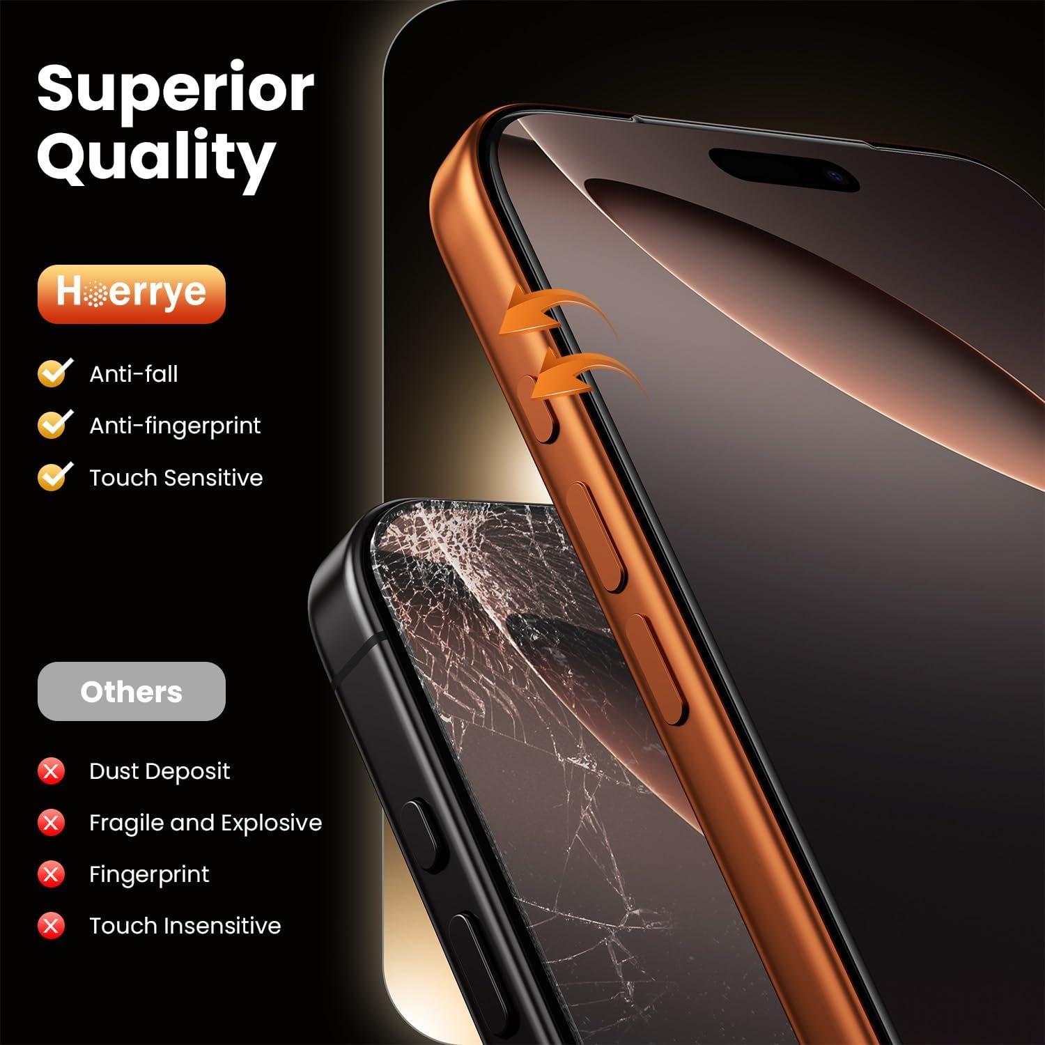 Hoerrye iPhone 16/17 screen protector 2-pack, military-grade 9H shatterproof, HD clear, bubble-free, case-friendly for iPhone models.
