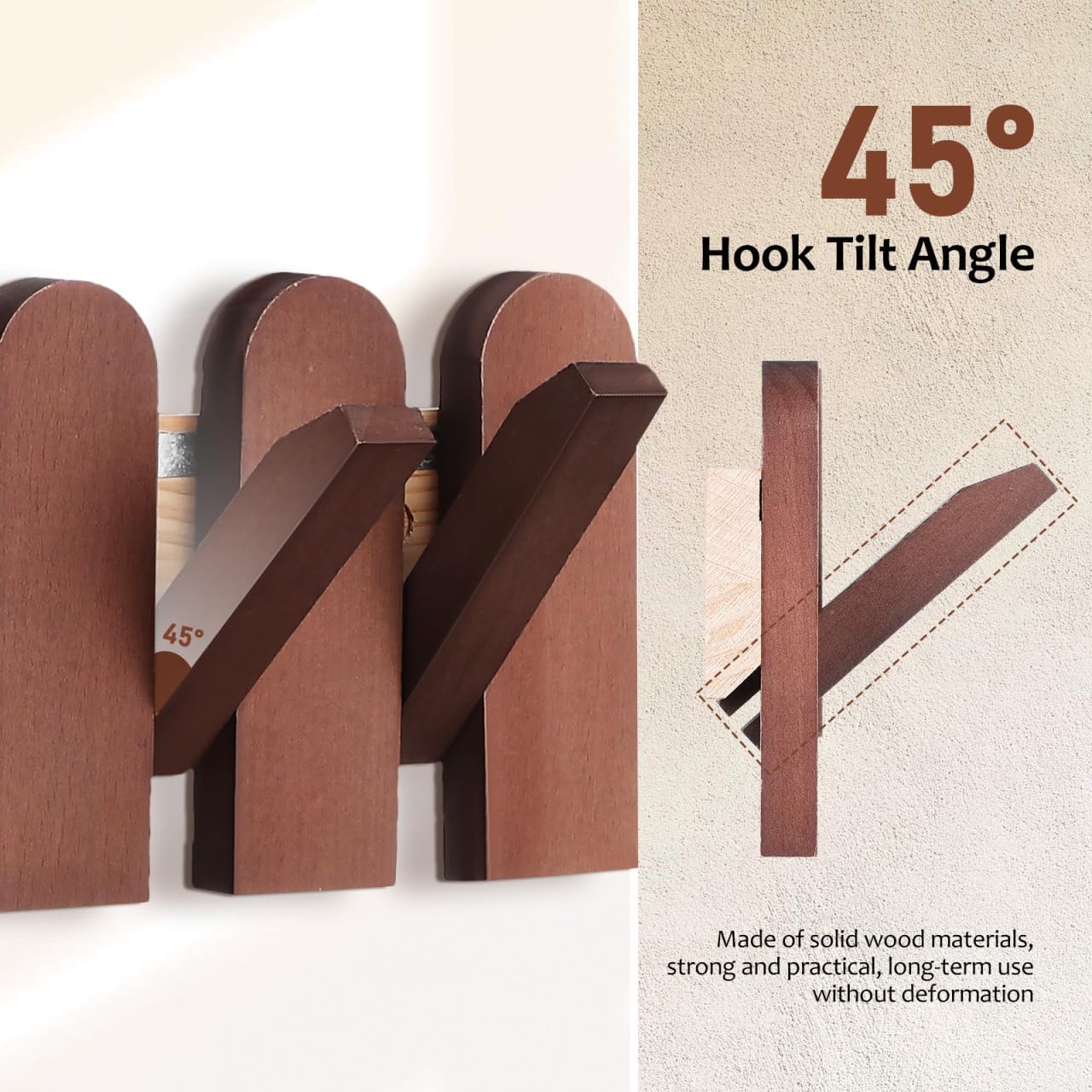 Soimiss Piano Key Coat Rack Wall Mounted - 6 Folding Wood Hooks, Walnut SOLID Wood Space-saving Coat Hanger