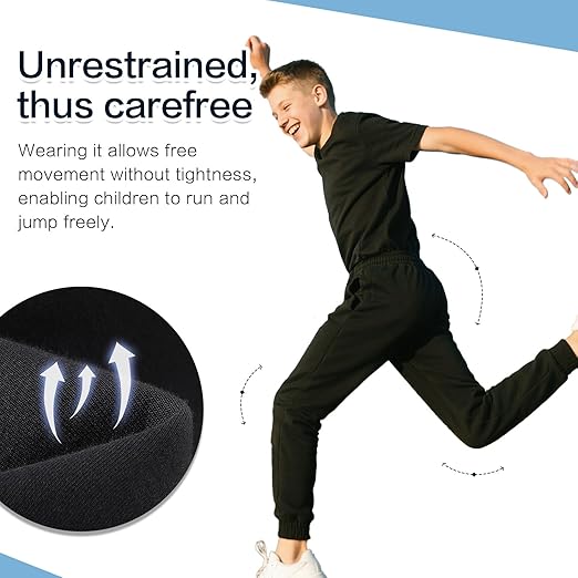 Black kids’ PE and jogging pants by Stolpyzh, breathable cotton trousers for boys and girls aged 11-12 years, comfortable and stylish.