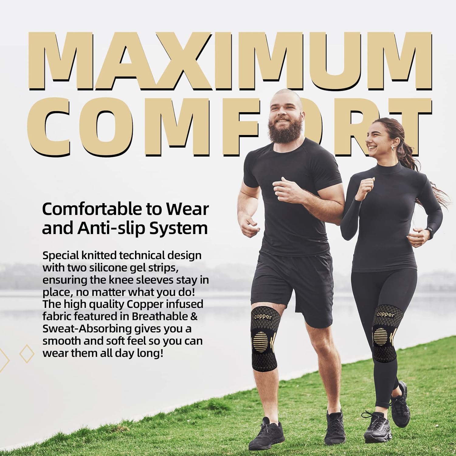 Lusenone Copper Knee Support 2 Pack with compression braces for men and women, suitable for arthritis, sports, and joint pain relief.