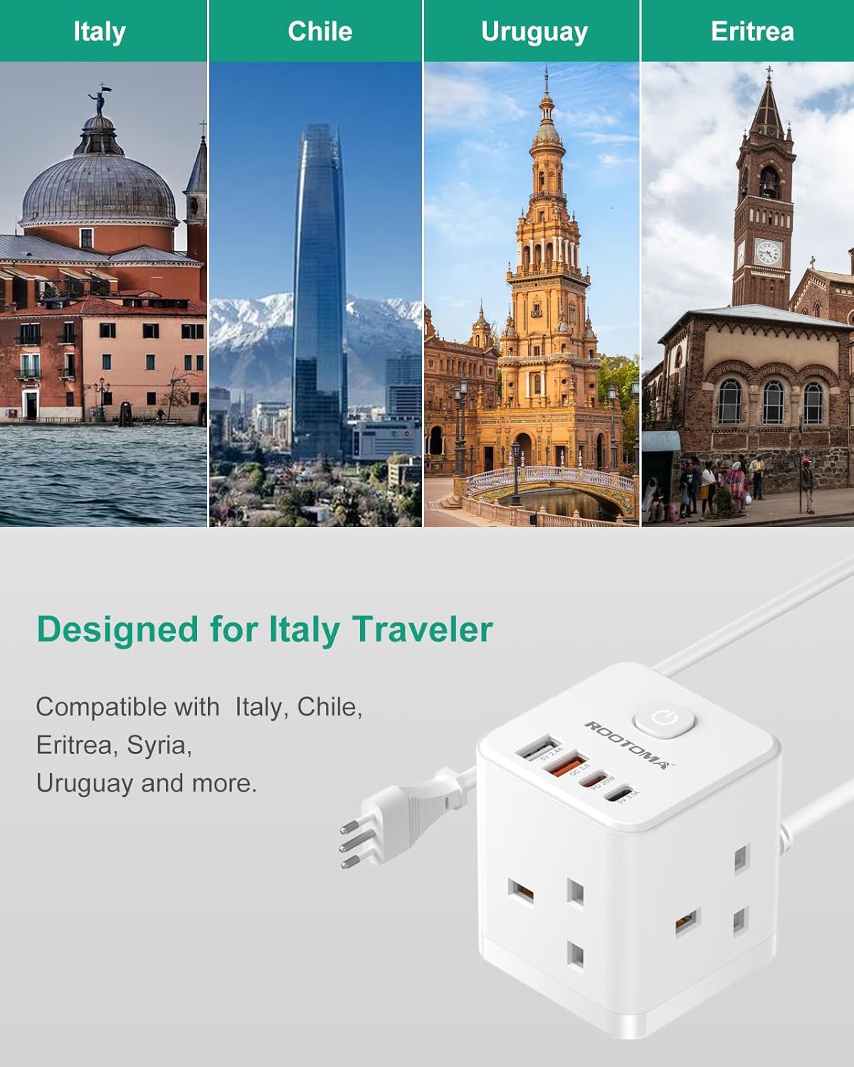 ROOTOMA UK to Italy Travel Adapter Type L, 7-in-1 Plug Adapter with 1.5M Extension, 3 UK Outlets + 2 USB-C PD 20W + 2 USB-A QC3.0, Cube Charger for Italy Chile Uruguay Syria Eritrea