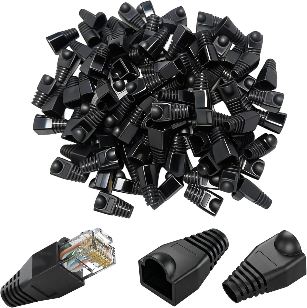 Volink 100Pcs RJ45 Connector Boots Cover - Black Ethernet Cable Strain Relief Protectors for Cat5 / Cat5e / Cat6 / Cat6a - Anti-Snag Soft PVC Caps