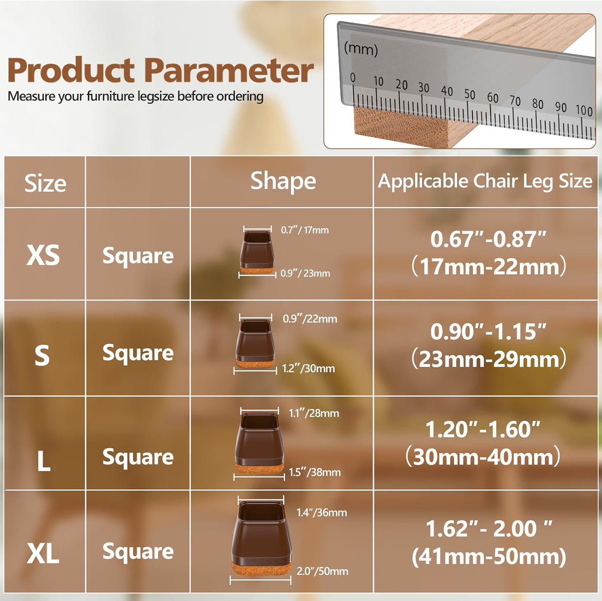 BAIPOK 28-Pack Square Chair Leg Protectors 40mm - Brown Silicone Caps with Felt Pads for Hardwood Floors