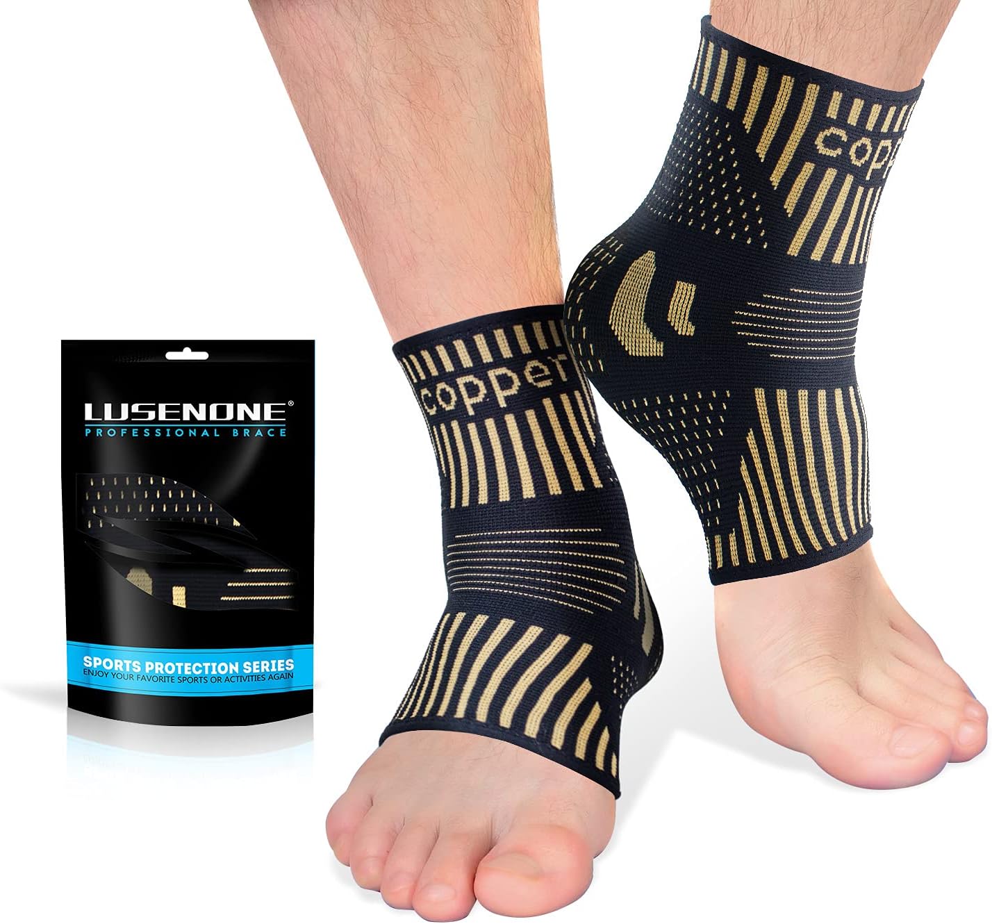 Lusenone copper ankle brace support pair, size M, for plantar fasciitis, sprained ankles, Achilles pain, and sports recovery.