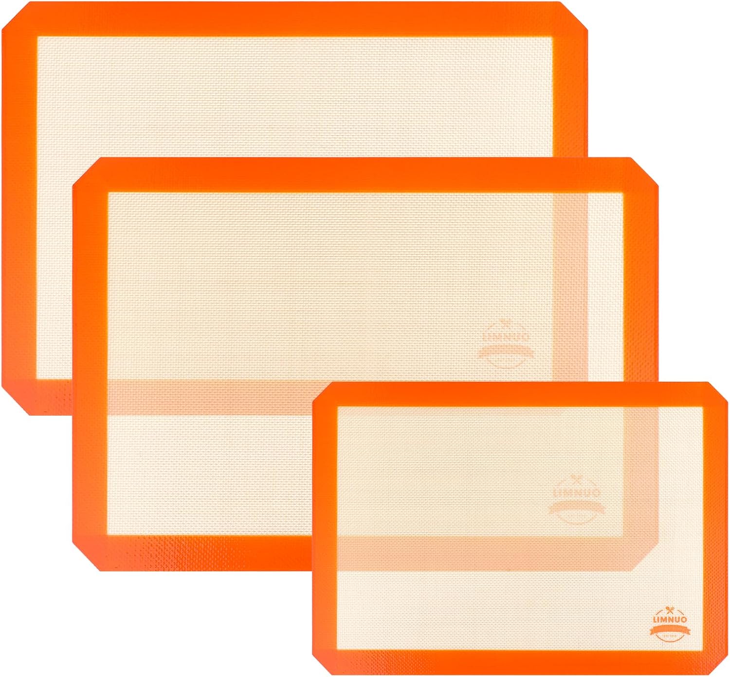 LIMNUO Silicone Baking Mat Set of 3 – Non-Stick, Reusable Oven Liners for Baking Sheets – 2 Large + 1 Small Mats – Food Grade Silicone – Orange