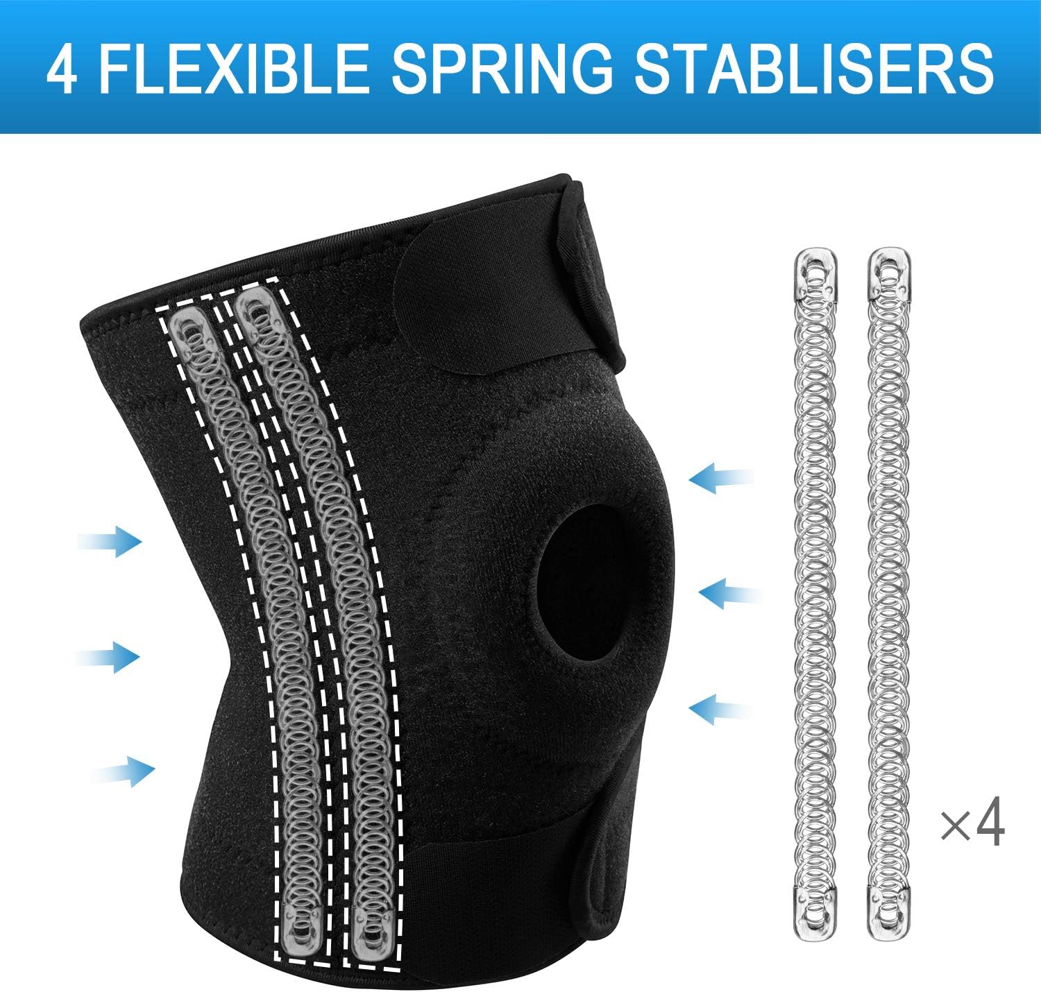 AVIDDA Open Patella Knee Brace (Size XS to M) with 4 Spring Stabilisers & 3 Straps for Men and Women - Adjustable Compression Support for Running, Arthritis, ACL/MCL, Tendonitis, Joint Pain Relief