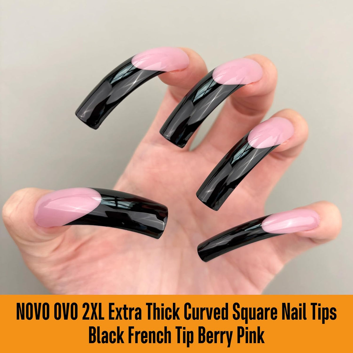 Novo Ovo Halloween Black French Tip Nail Tips - Xxl Curved Square Berry Pink Press On Nails, 144 Pcs Extra Thick Long Acrylic Fake Nails, 12 Sizes Full Cover Extension Kit