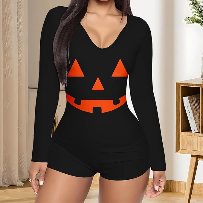 Qianderer women's Halloween pyjamas featuring long sleeves, V-neck, button-down front, bodycon fit, and shorts jumpsuit loungewear