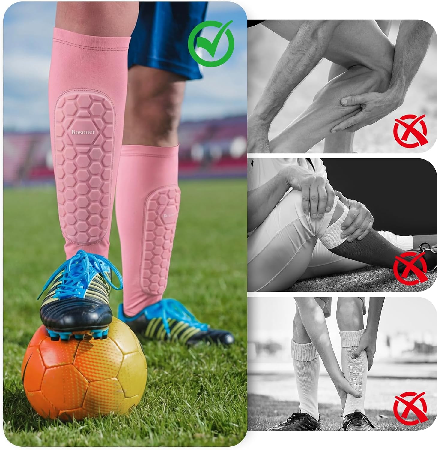 Bosoner Shin Pads Guards Size M - Pink Honeycomb Sleeve Football Socks - Lightweight, Breathable Shin Protection For Football, Rugby, Skateboarding - Boys Girls Teens Adults