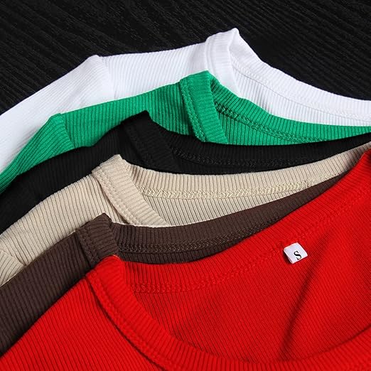 Smile Fish Women’s Ribbed Long Sleeve Crewneck T-Shirt - Slim Fit Stretch Basic Top in Red, Black, White, Green, Brown, Beige