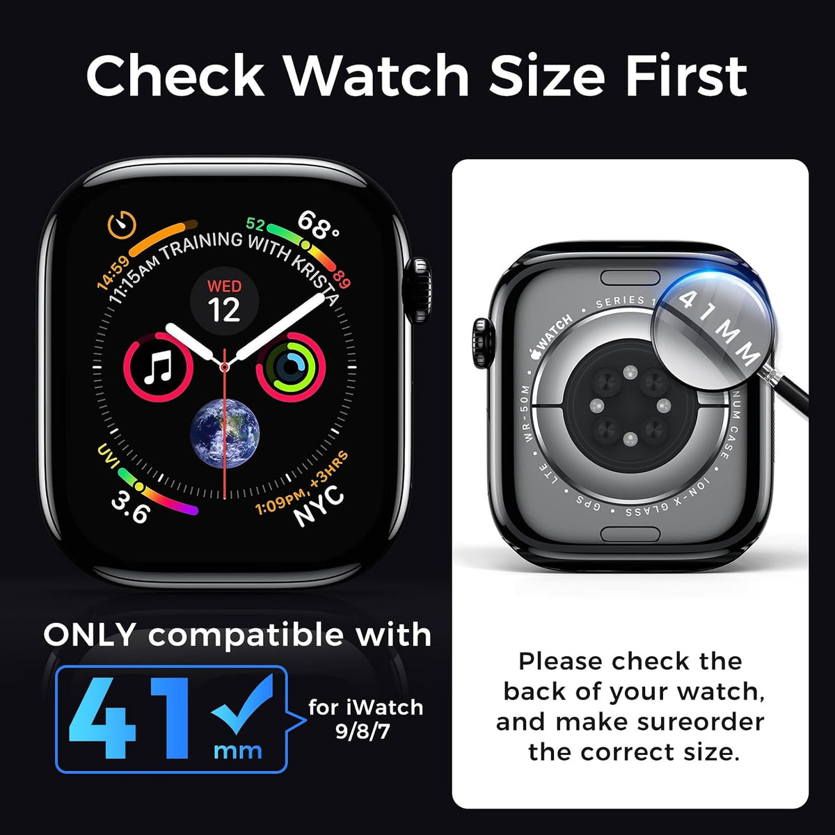 Kopration Apple Watch 41mm screen protector 3-pack with 3D curved tempered glass and installation tools for Series 9/8/7.