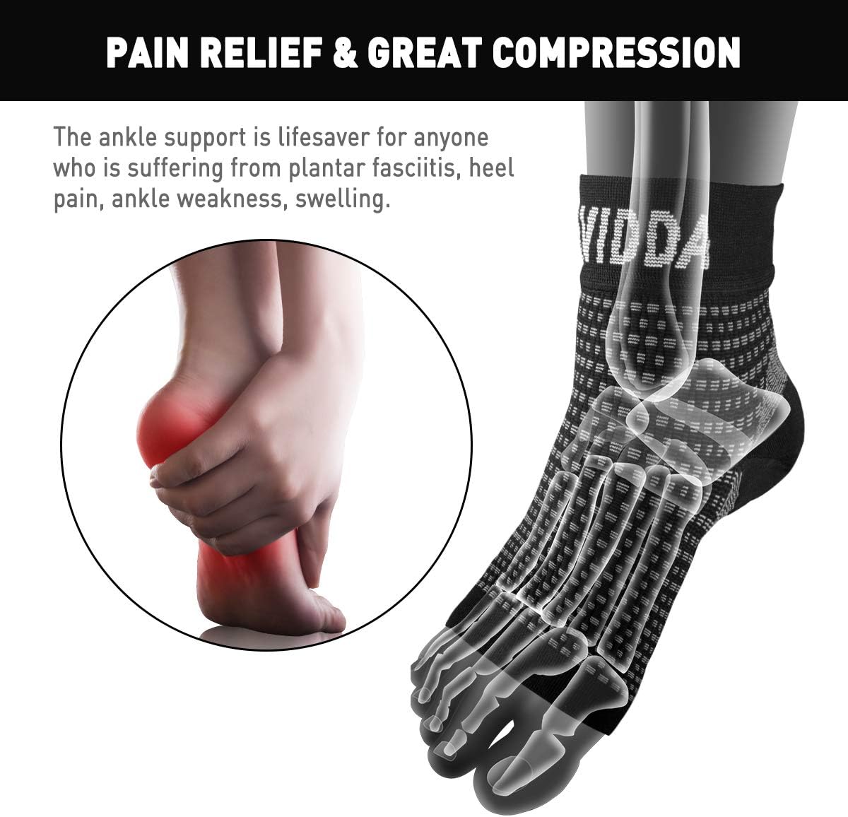 AVIDDA Plantar Fasciitis Socks, black compression foot sleeve with ankle support for heel spurs, arch pain, Achilles tendonitis, and arthritis.